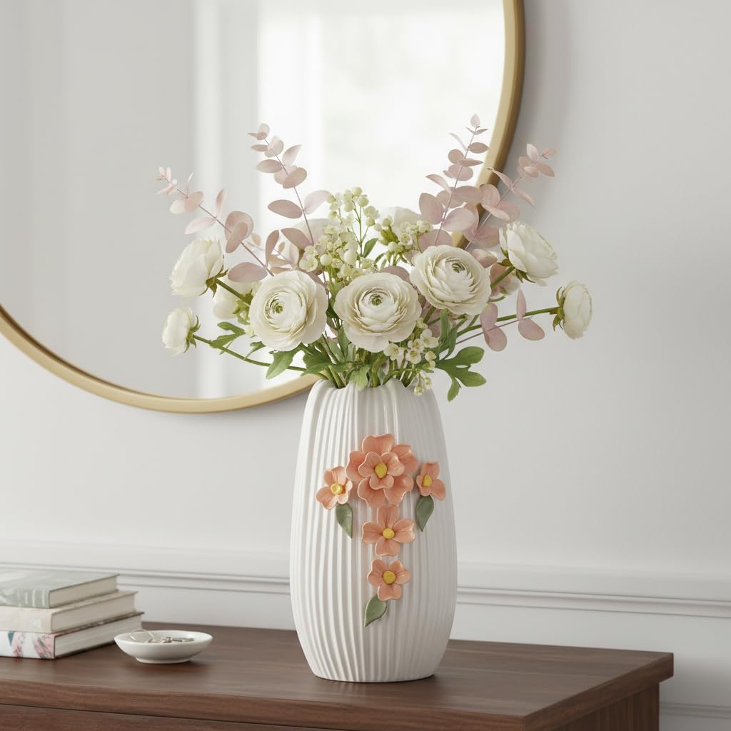 Modern Boho Ceramic Vases Home Decor / White and Orange / 9 Inch