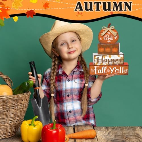 4 Pcs Fall Decor Home Pumpkin Wooden Sign Hello Fall Tiered Tray Decor