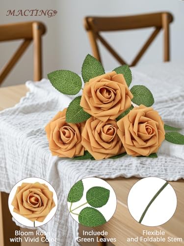 30PCS Gold Yellow Artificial Roses with Stems, Real Touch Foam Flowers