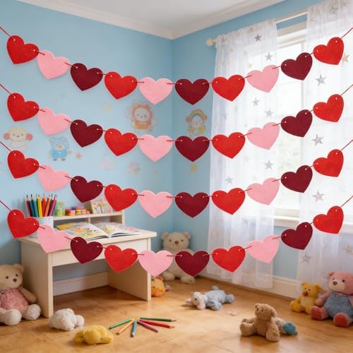 Valentines Day Decorations - Red Felt Heart Garland Hanging String - Ready-to-Use Romantic Valentines Day Decor for Home, Office, Wedding, Anniversary, Birthday Party - No DIY (Red)