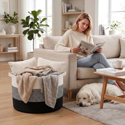 90L Extra Large Blanket Basket,Woven Laundry Basket-Mixed Black