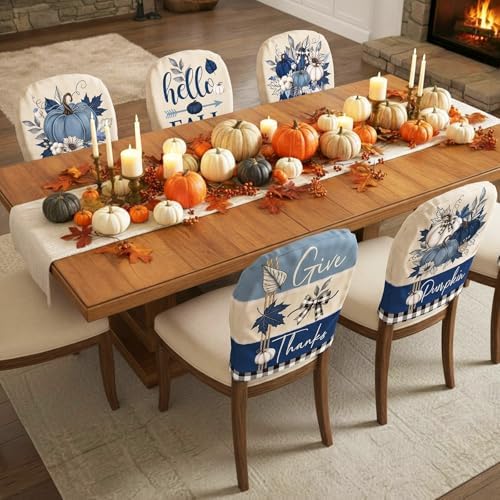 6 Pcs Fall Chair Covers, Vintage Blue Pumpkin Slipcovers