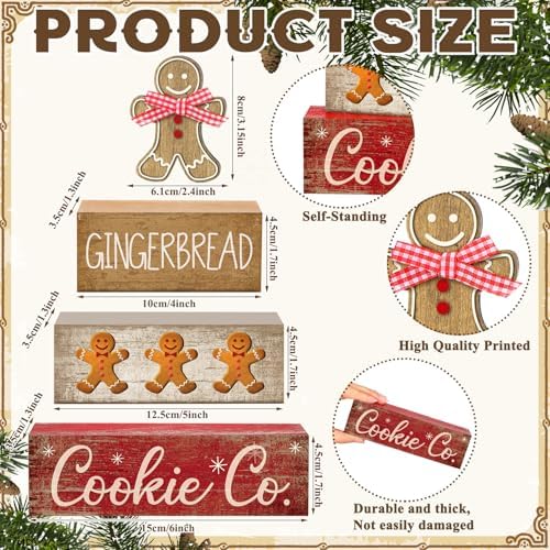 Moucuny 4 Pcs Gingerbread Christmas Table Decor, Gingerbread Man Wood Sign
