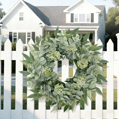 24" Faux Eucalyptus Fern Wreath for Front Door, Year-Round Farmhouse