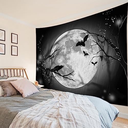 LB Halloween Full Moon Tapestry, Horror Black Crow with Bat on Grey and Black Night Sky Wall Tapestry for Bedroom, Creppy Bat Wall Hanging Tapestry Wall Art for Living Room Home Decor, 59 x 51 Inches