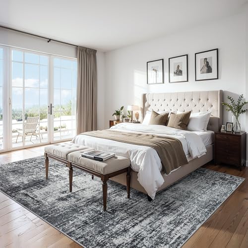 PLHXFR 10x12 Area Rug Living Room: Abstract Washable Carpet Dark Black