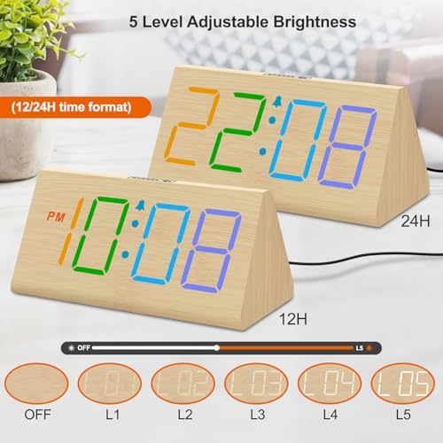 DreamSky Wooden Digital Alarm Clock for Bedroom with RGB Large Numbers