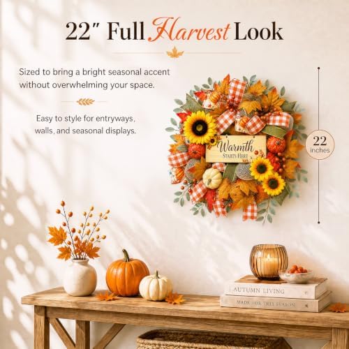 22 Inch Fall Wreaths for Front Door, Harvest Sunflower Wreath