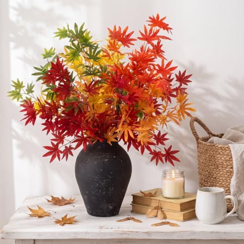 Suncalla 10 Pcs 31" Fall Artificial Japanese Maple Stem, Green Orange