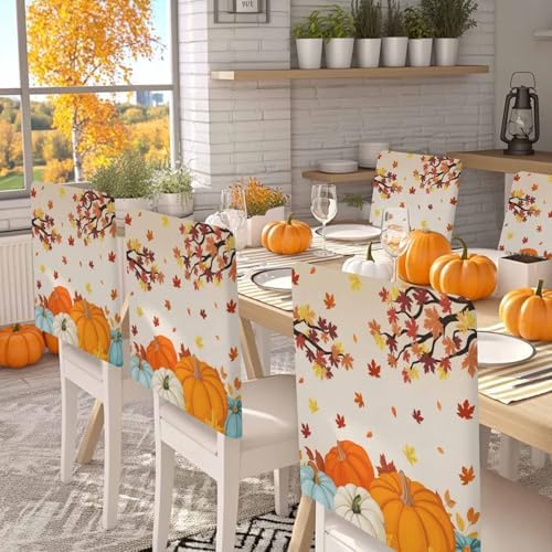 Fall Chair Covers Set of 6 Harvest Pumpkin Chair Slipcover Protector Removable Stretch Chair Covers Autumn Maple Leave Thanksgiving Chair Back Covers for Dining Chairs Kitchen Holiday Party Decor