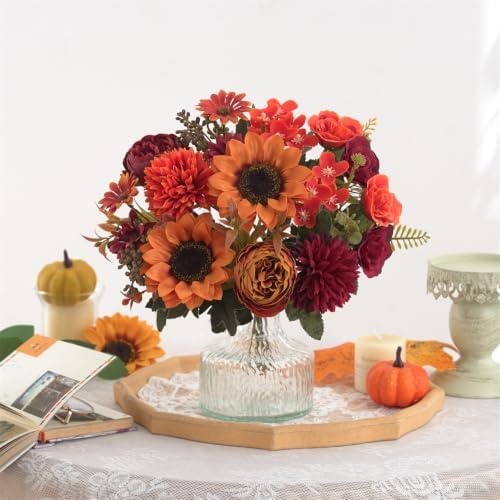 2 Pcs Fall Artificial Sunflower Peony Bouquet, Burnt Orange Burgundy Silk Faux Flower, Autumn Faux Floral Arrangements for Wedding Table Centerpiece Thanksgiving Farmhouse Indoor Outdoor Decor