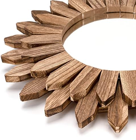 Honiway Wall Mirror Decorative 12 inch Rustic Wood Mirror Sunburst Boho Mirror for Entryway Bedroom Living Room