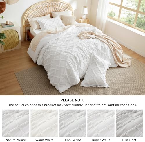 Bedsure Boho Comforter Set King - White Tufted King Size Comforter, 3 Pieces Farmhouse-Style Embroidery Bed Set, Soft