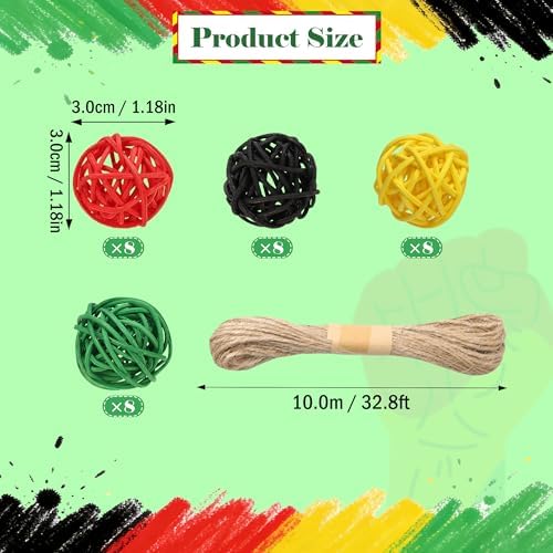 Lucleag 32Pcs Black Red Green Yellow Natural Rattan Balls Ornament Vase Filler, African American Wicker Hanging Decor for Black History Month Juneteenth Kwanzaa Tree Home Table Decor Party Supplies