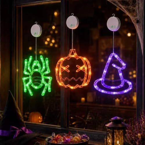 LOLStar Rechargeable Pumpkin Spider Witch Halloween Window Lights, 3 Pack
