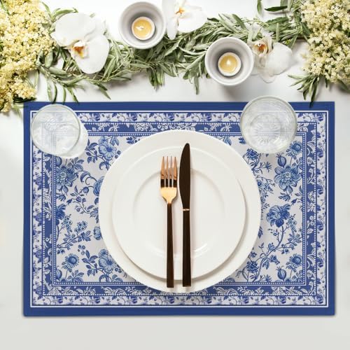 Blue Floral Placemats Set of 4 18x12 Inch Chinoiserie Blue and White Linen Place Mats Heat-Resistant Washable Wipeable French Toile Table Mat for Party Kitchen Dining Room Dinner Table Decor