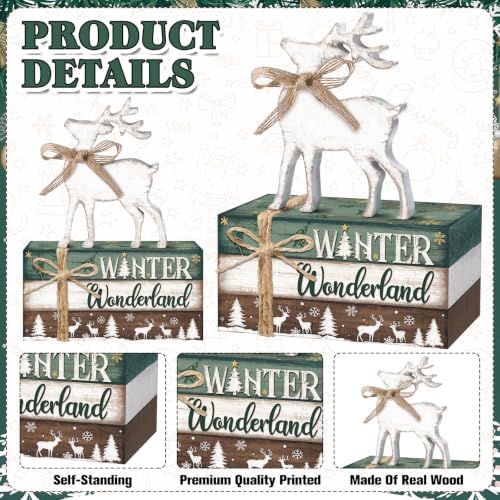 Geelin 4 Pcs Christmas Tiered Tray Decor Wooden Book Stack Signs, White Reindeer Christmas Table Decor, Farmhouse Rustic Centerpieces for Shelf Coffee Bar Office Desk Decorations