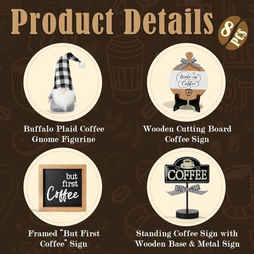 Coffee Bar Decor, 8 PCS Coffee Decorations for Table Tiered Tray Shelf