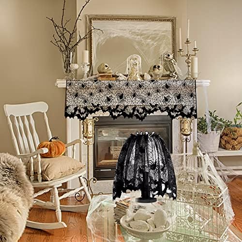 Lucleag 3Pcs Halloween Black Lace Spider Web Bat Lampshades Cover, 20x60 Inch Black Lace Lampshade Cover with Ribbon for Halloween Party Decorations Party Supplies Indoor Decor Supplies Gifts