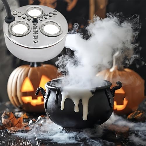 Halloween Party Mist Maker 3 Mist Maker Spray Heads,Ultrasonic Water Pond Fountain Fogger 12 LED Red Yellow and Blue Light Flashes Aluminum Atomizer Air Humidifier