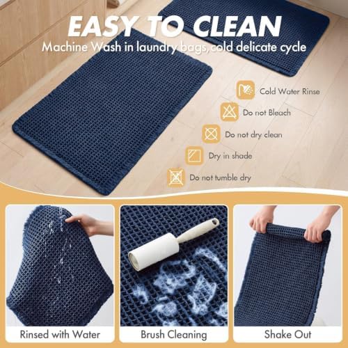 MIULEE Set of 2 Waffle Bathroom Rugs Boho Bath Mat Navy Blue 18x30 Inch