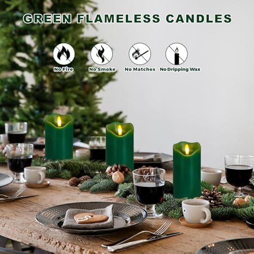 Green Flameless Candles Set of 2, Christmas Candles with Remote & Timer