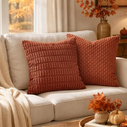 MIULEE Fall Corduroy Decorative Throw Pillow Covers 16x16 Rust Pack of 2