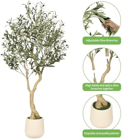 Realead 5ft Olive Trees Artificial Indoor with White Tall Exquisite Planter