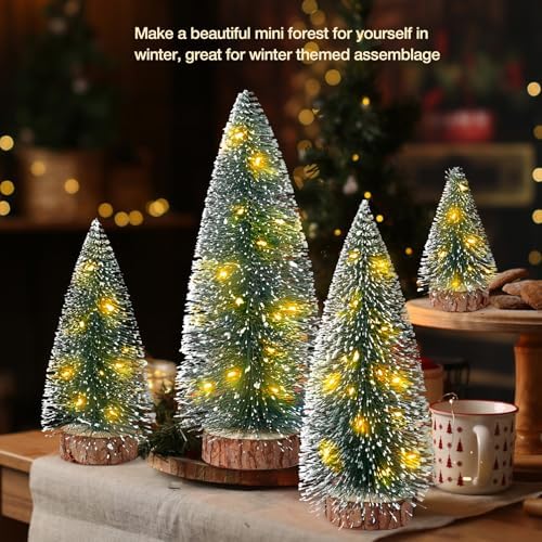 4PCS Mini Christmas Tree with Lights, Bottle Brush Trees, Christmas Table Decorations, Small Christmas Village Trees for Xmas Holiday Party Home Craft (Lighted)