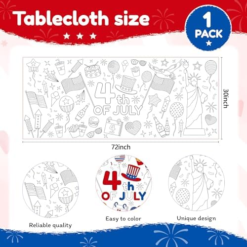 Childom 1 Pack Fourth of July Coloring Tablecloth for Kids,4th of July Crafts for Kids 30"x72" Giant Coloring Poster Table Cloth,Large Paper Poster Crafts Party Activities,4th of July Paper Tablecloth
