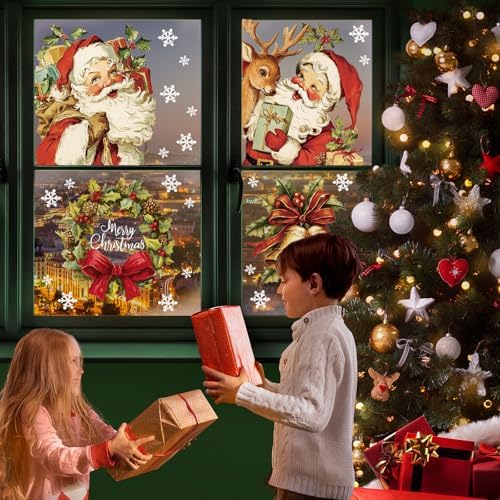 Whaline 4 Sheets Large Christmas Window Clings Santa Reindeer Holly Berry Bell Window Stickers Double-Sided Glass Decals for Winter Xmas Home Classroom Office Party Decoration