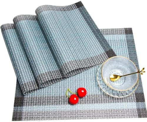 Niviy Blue Grey Ethnic Boho Placemats Set of 4, 12x18 Inch Linen Burlap Washable Durable Art Table Mats for Holiday Party Kitchen Dining Room Decoration
