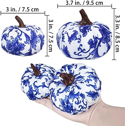 Winlyn 16 Pcs Assorted Small Faux Decorative Blue and White Fabric Pumpkins Foam Chinoiserie Chic Pumpkins for Farmhouse Fall Halloween Thanksgiving Bowl Centerpiece Table Mantel Home Decor Gifts