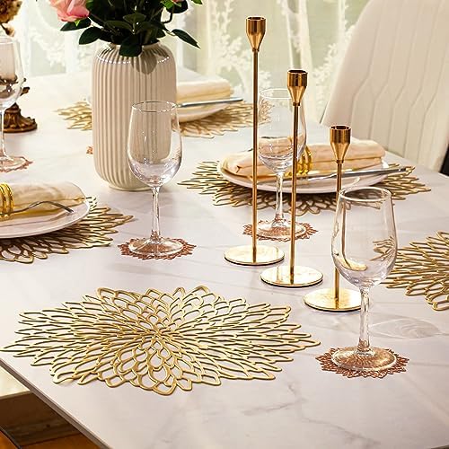 Snowkingdom 4 Pack Gold Placemats Metallic Pressed Vinyl Golden for Dinning Table Place Mats Round Floral Charger Decoration for Christmas Thanksgiving Holiday Wedding