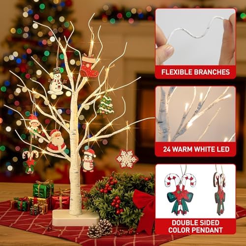 EAMBRITE Lighted Birch Tree with Ornaments, 2 Pack Small Christmas Trees