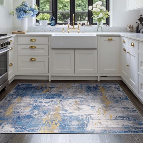 RELEANY Washable 4'x6' Abstract Area Rug for Living Room Blue Gold