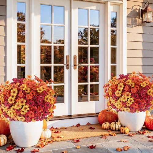 Powbrace 22 Pack Artificial Fall Flowers Mums for Outdoor Indoor(Fall Mix)