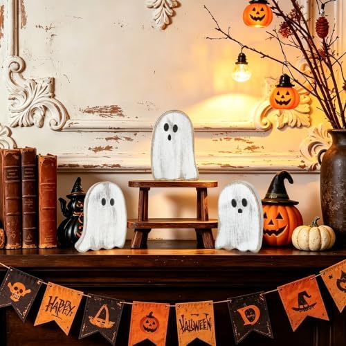 3Pcs Halloween Table Decorations Indoor, Farmhouse Halloween Cute Ghost Decorations, Rustic Ghost Table Centerpieces Signs Tiered Tray Decor for Home Mantel Shelf Office Party Supplies (White)