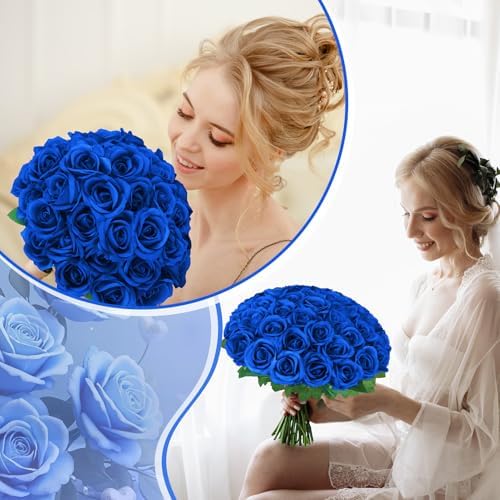 36 Pcs Royal Blue Artificial Roses with Long Stems