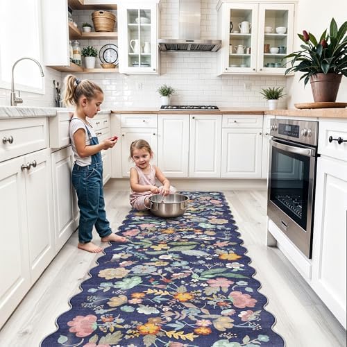 Washable Non-Slip Runner Rug 2x8: Water-Resistant Floral Kitchen Rug Indoor Low Pile Floor Mat for Living Room Bedroom