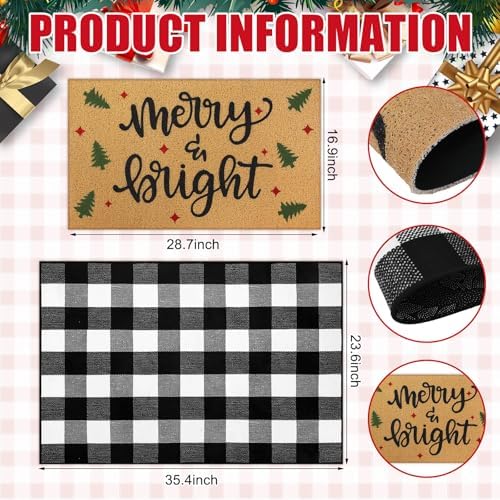 Tinideya 2 Pcs Christmas Door Mat Outdoor Layered Merry Bright Welcome Mat