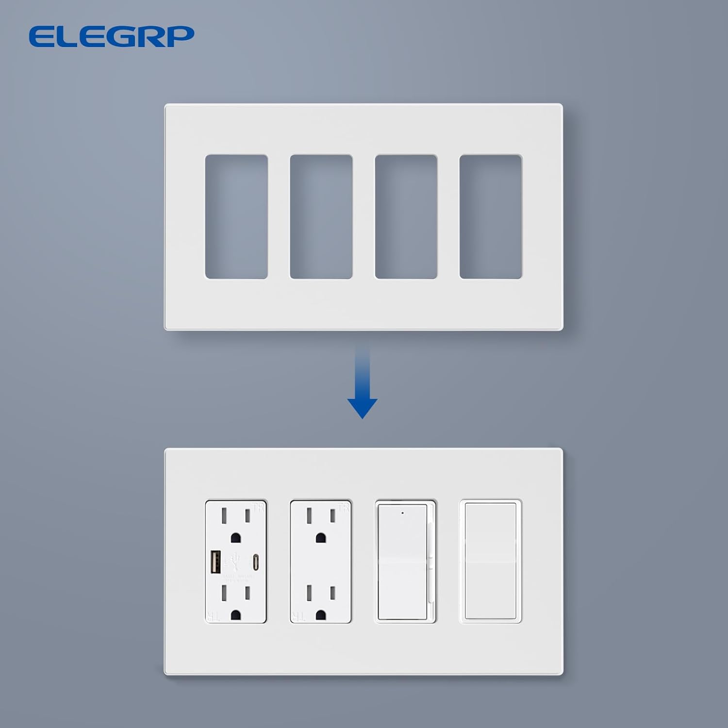 ELEGRP 4-Gang Screwless Decorative Wall Plates, Mid-Size Unbreakable Thermoplastic Faceplate Cover for Decorator