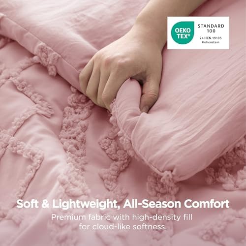 Bedsure Tufted Boho Comforter Set King Size - Pink Boho Bed Set, GentleSoft™ 3 Pieces Farmhouse-Style Embroidery