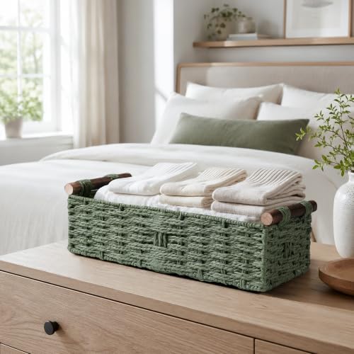 Round Paper Rope Storage Basket Wicker Baskets for Organizing with Handle Decorative Storage Bins for Countertop Toilet