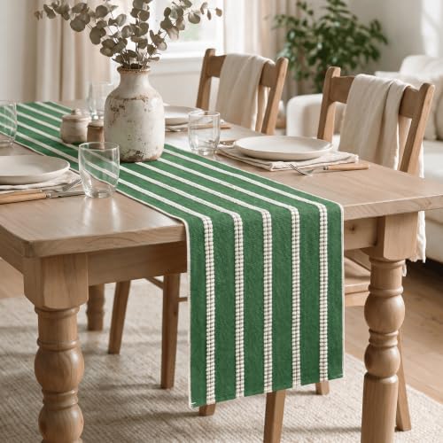 Artoid Mode Green Farmhouse Dashed Stripe Table Runner, Seasonal Holiday Christmas Boho Rustic Kitchen Dining Table Decoration for Home Party Decor 12x108 Inch