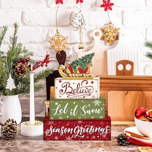 Britimes Tiered Tray Decor Set, 4 Pack, Wooden Table Sign, Sleigh Tree