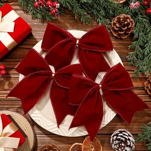 Janinka 12 Pcs 6 Inch Christmas Velvet Bows Decor Burgundy, Wine Red