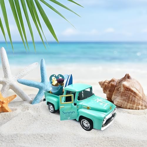 Beach Decor Metal Truck with Mini Fake Beach Buckets Surfboards Flip Flops