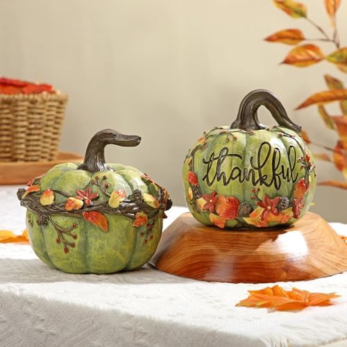 Fall Pumpkin Decor 2Pcs Fake Pumpkins Green Resin Carved Pumpkin Small Decorative Faux Pumpkins Fall Artificial Pumpkins for Home Table Farmhouse Mantel Halloween Thanksgiving Harvest Centerpieces