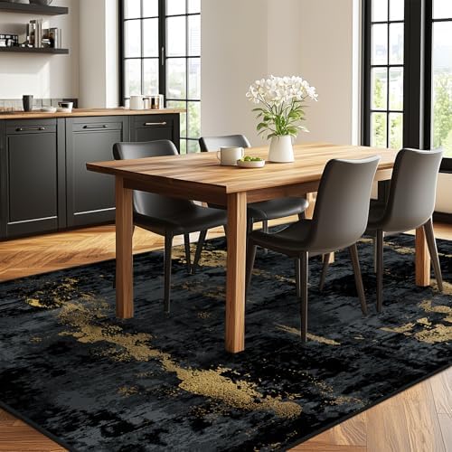 RELEANY Washable 7'x9' Abstract Area Rug for Living Room Black Gold